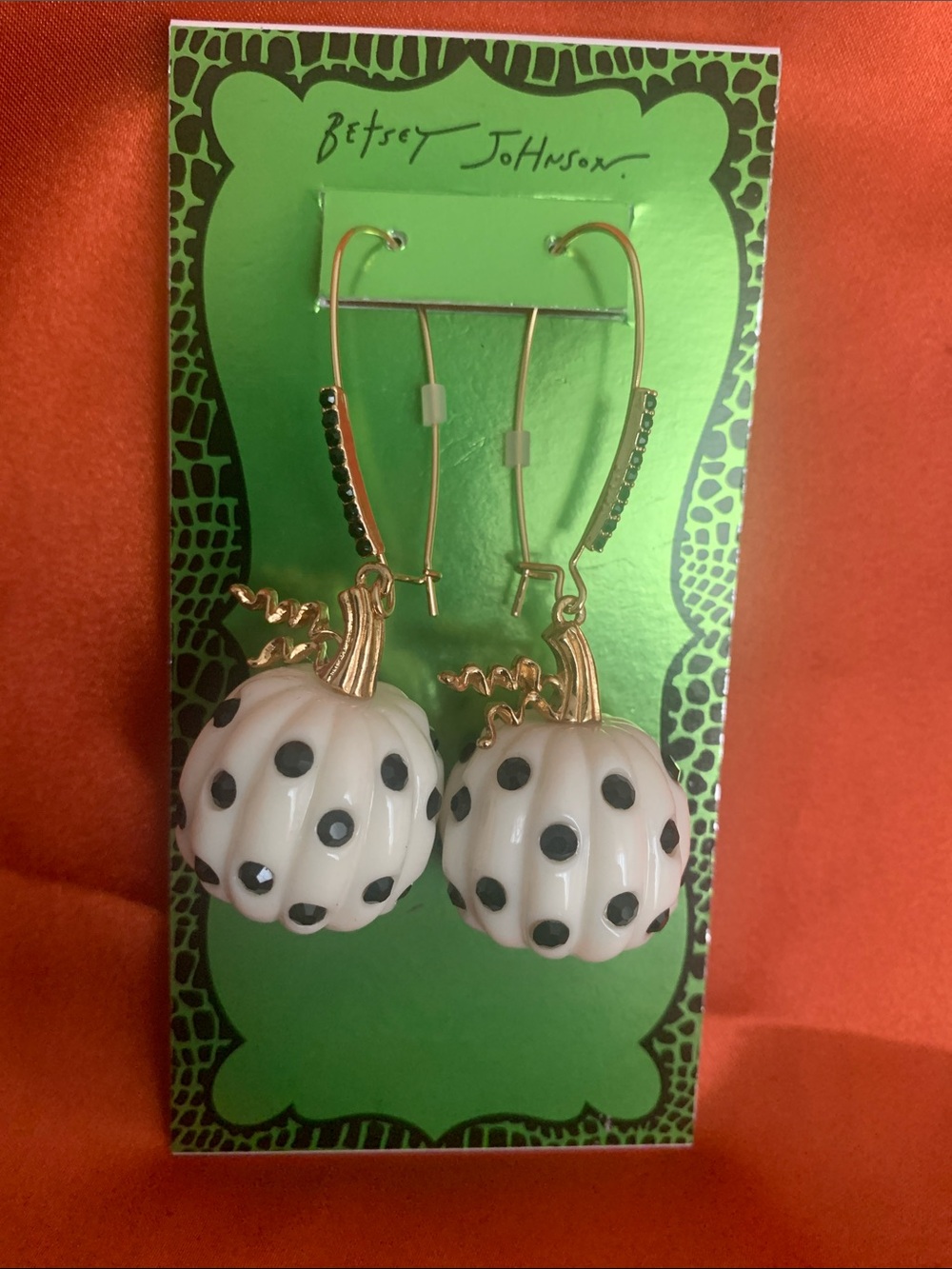 Betsey Johnson White & Black Polka Dot Pumpkin Drop Earrings